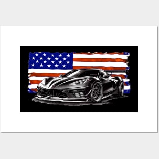 Black C8 Corvette Fourth of July American Flag Supercar Racecar Muscle Car Sportscar July 4th Carbon Flash Corvette C8 Posters and Art